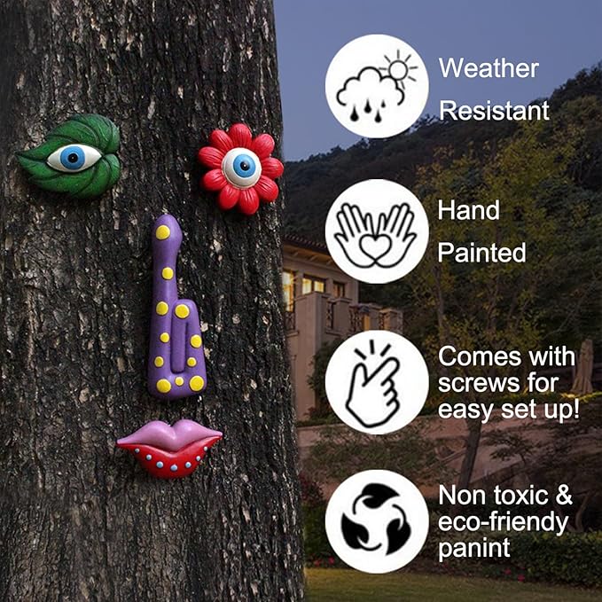 Tree Faces Decor Outdoor,Funny Tree Faces Sculpture,Colorful Fence Decorations Outdoor,Suitable for Yard and Garden Art Décor(1pcs, Colorful Leaves)