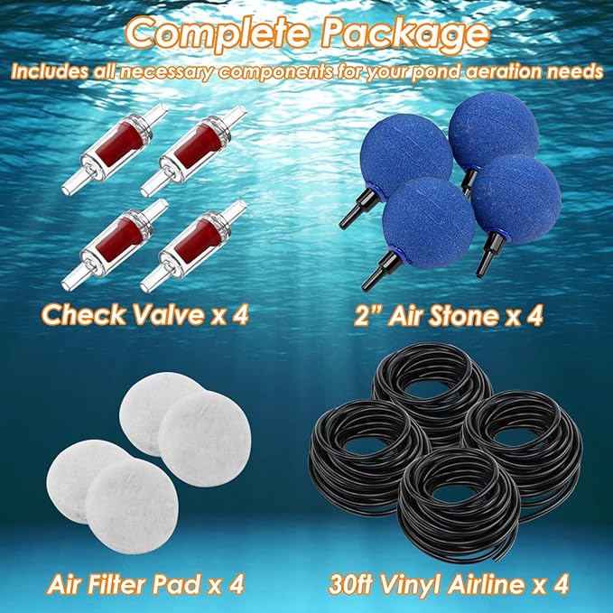 Pond Aerator Pump Pond Aeration Kit with Check Valves Air Stones Airline Tubing, All-in-1 Pond Deicer Pond Air Pumps for Outdoor Ponds up to 2000 Gallon