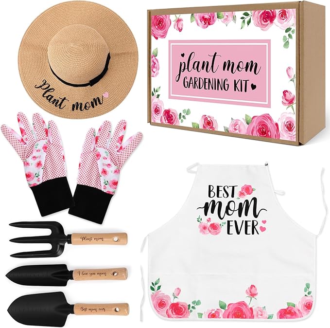 Percozzi Mom Birthday Gifts Pink Gardening Tools Kit Rose Planting Tools Straw Hat Floral Apron Glove Women Spring Mother's Day Basket for Her Mother Plant Lovers Outdoor Horticulture Starter
