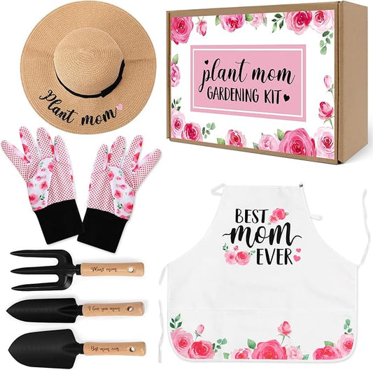 Percozzi Mom Birthday Gifts Pink Gardening Tools Kit Rose Planting Tools Straw Hat Floral Apron Glove Women Spring Mother's Day Basket for Her Mother Plant Lovers Outdoor Horticulture Starter