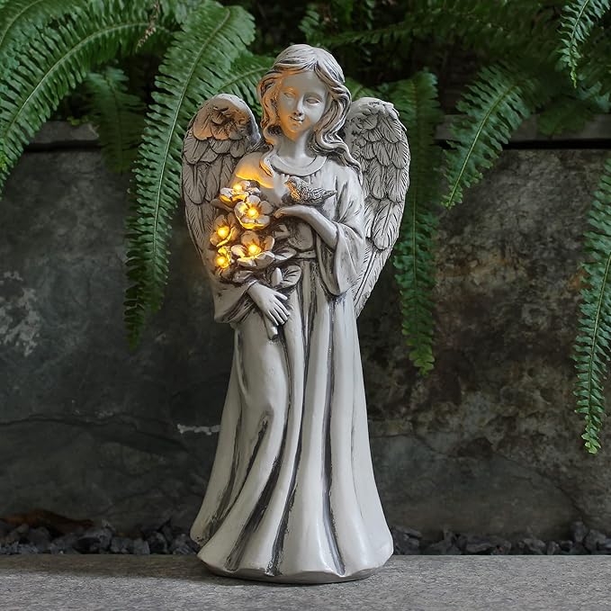 Solar Angel Statue for Outdoor, Angel Figurine with Resin, Outdoor Decor for Patio Lawn Yard Porch, Garden Gift