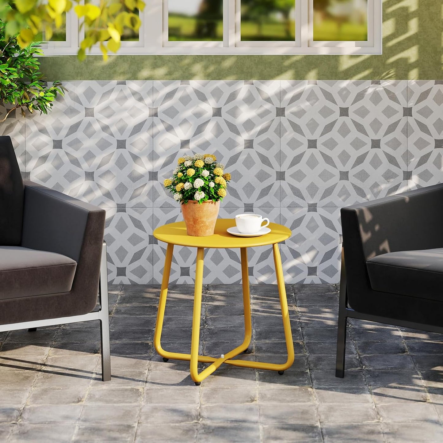 HollyHOME Round Metal Side Table, Rust-Resistant Patio Small Plant Stand, Outdoor 17.32'' Portable End Table for Balconies, Gardens, Living Rooms and Bedrooms, Yellow