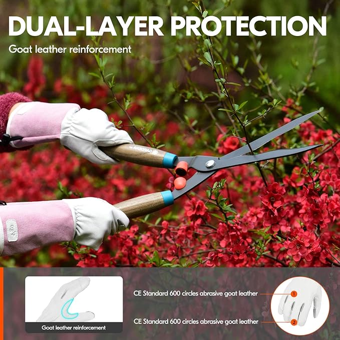 Vgo... 1-Pair Premium Genuine Goat Leather Extra-Long Cuff Thornproof Gardening Gloves (Size S, Pink White, GA1013)