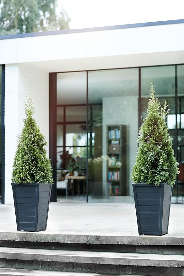 Keter Set of 2 Resin Modern Outdoor 22 Inch Tall Large Flower Pots, Tapered Wood Look Planters for Outdoor Plants and Front Porch Decor, Graphite