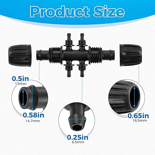 Barbed Tee 6-Way Drip Irrigation Fittings, 1/2 Inch to 1/4 Inch Tubing Irrigation Fittings(1/2'' ID x 0.60''-0.63'' OD) Locked Barbed Tee Connectors (20 Pcs)
