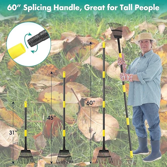 Rake, 60 Inch Long, 11 Tines Small Metal Garden Rake for Leaves, Heavy Duty 9 Inch Wide Rakes for Lawns, Yard Leaf Rake for Gardening , Flower Beds, Shrub, Kids Rake