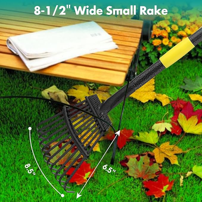 Rake, 60 Inch Long, 11 Tines Small Metal Garden Rake for Leaves, Heavy Duty 9 Inch Wide Rakes for Lawns, Yard Leaf Rake for Gardening , Flower Beds, Shrub, Kids Rake