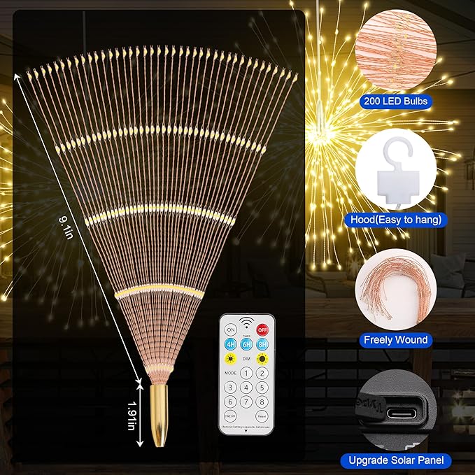 Solar Firework Lights Outdoor, 1000 LED Starburst Light Outdoor with USB Rechargerable, 8 Modes Waterproof Solar Hanging Lights for Gazebo Yard Party Wedding Decorations (Warm White, 1000 LED)