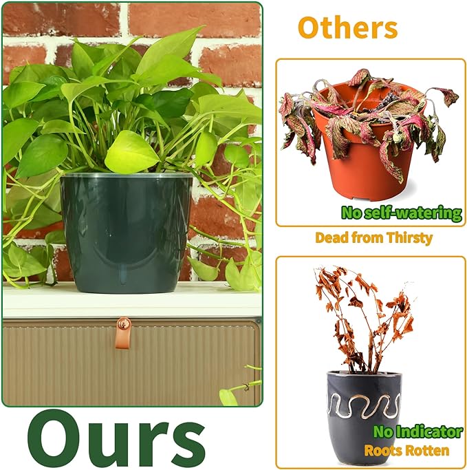 Planterhoma 5 Inch Self Watering Pots for Indoor Plants, 6 Packs African Violet Pots with Water Indicator and Black Wick Pots, Self Watering Planters for Devil's Ivy, Indoor Plant Pots, Grey Gold