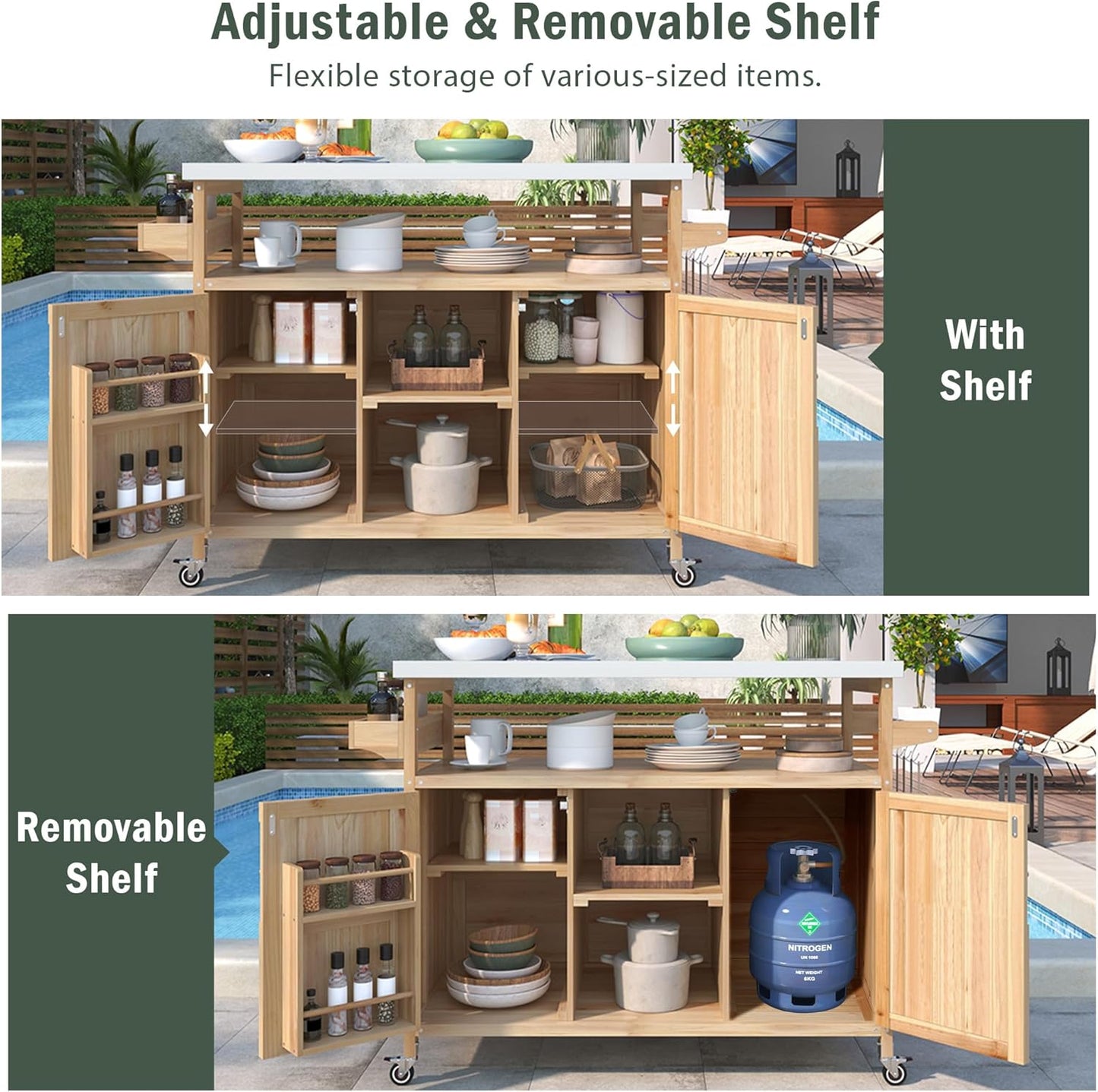 Grill Cart with Stainless Steel Tabletop - Outdoor Storage Cabinet for BBQ, Bar Patio Kitchen Island with Ample Storage and Lockable Wheels