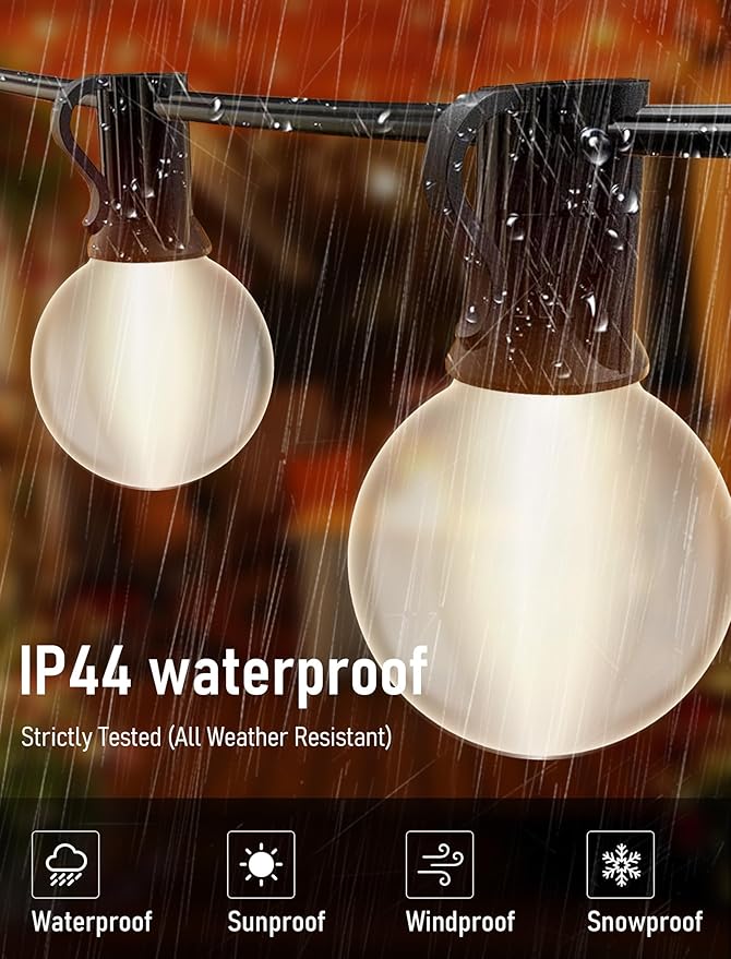 25FT Frosted White Lights G40 Globe Outdoor String Lights Patio Lights with 25 Frosted White Globe Bulbs - Black Wire