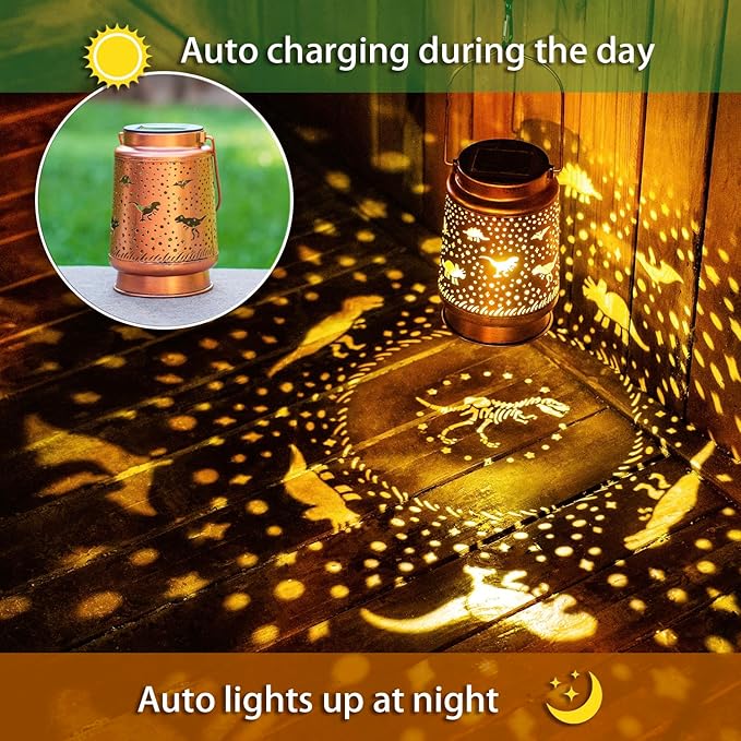 Dinosaur Solar Lanterns Outdoor Waterproof Hanging Solar Lights Dinosaur Gifts for Women Men Metal Decorative LED Dinosaur Lanterns for Garden Decor,Yard,Patio,Lawn,Tabletop,Pathway,Landscape