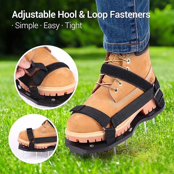 Ohuhu Lawn Aerator Shoes with Stainless Steel Shovel, Free-Installation Aerating Shoe with Hook&Loop Straps, Heavy Duty One-Size-Fits-All Spiked Aerating Sandals for Garden Grass Lawn