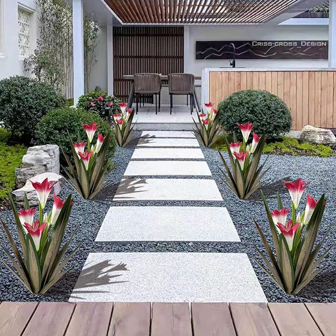 Homight Metal Agave Plant Outdoor Decoration Outdoor Garden Decoration Lily Mexican Yard Art Plant Garden Agave Lily Decorative Garden Gift… (3 Big Red Lilies)