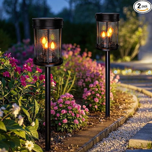 Outdoor Garden Solar Stake Lights Flickering Candle Lantern Lighting for Yard, Lawn, Patio, Pathway, Wall Decoration (2Pack, Black)