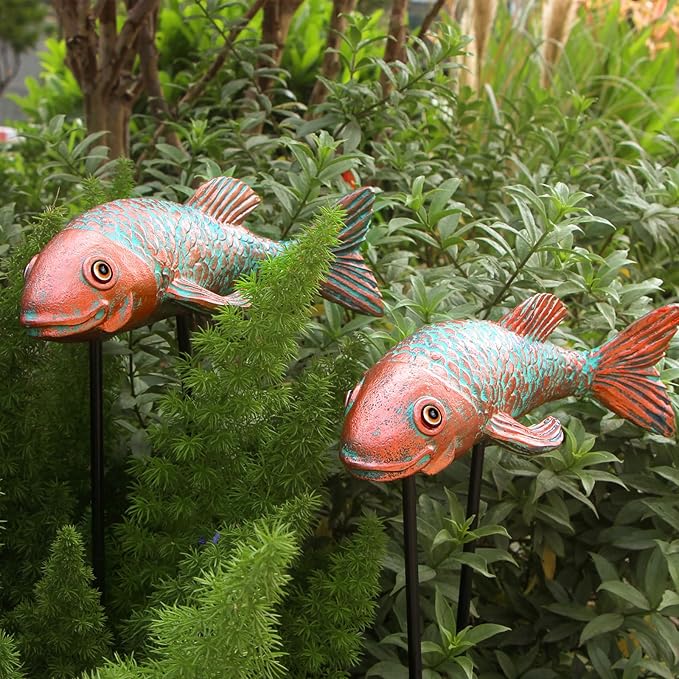 Garden Statues,Koi Fish Decor,Set of 2 Antique Koi Fish Garden Statue,Fish Sculpture Garden for Outdoors,Patio Decor,Backyard and Home Kitchen Decoration,Gardening Gifts for Mom Women Grandma