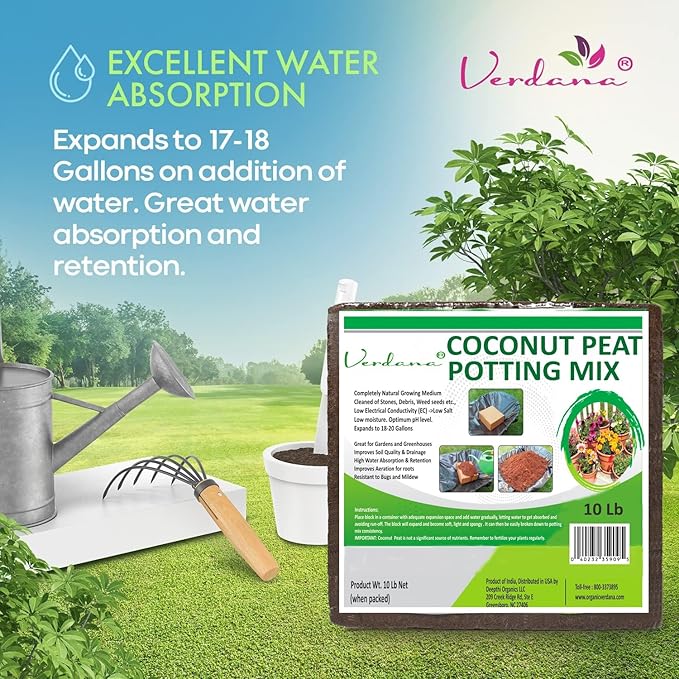 Verdana Coco Coir Brick Potting Mix - 10 Lb Compressed Block – Coconut Fiber, Coco Peat, Coir Pith - Alternative to Peat Moss – Soilless Growing Medium - Low EC, Optimum pH, High Expansion