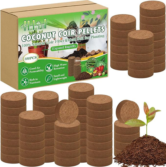 Halatool 30mm 100pcs Organic Coconut Coir Pellets Soil for Planting, Compressed Coco Coir Soil Potting Soil Seed Starters for Growing Vegetables, Fruits, Flowers