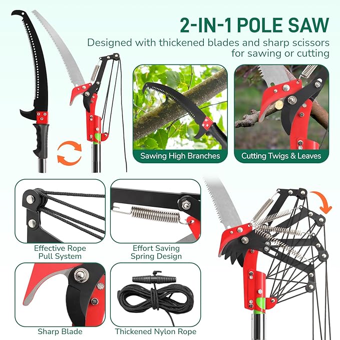 Outvita Manual Pole Saw, 26 Feet Extendable Tree Pruner with Knives and Storage Pocket, Sharp Steel Blade and Scissors High Branches Trimming for Pruning Palms and Shrubs