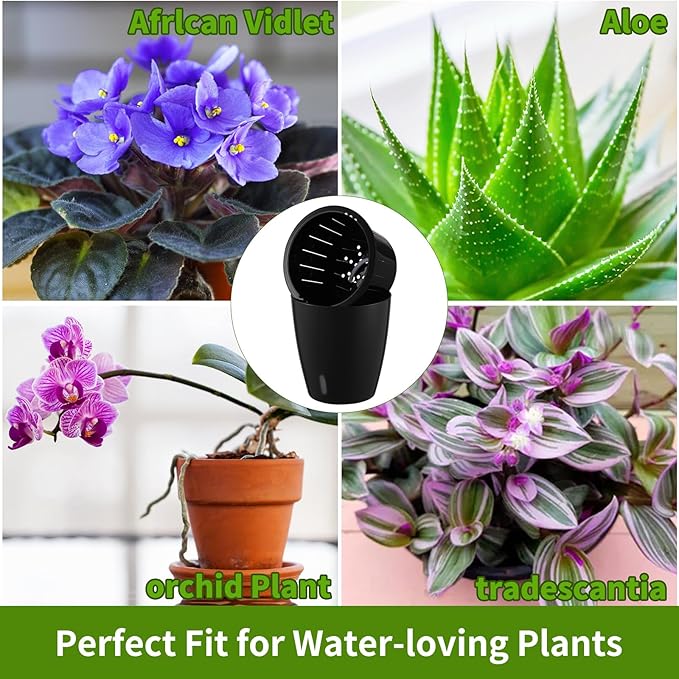 Planterhoma 5 Inch Self Watering Pots for Indoor Plants, 6 Packs African Violet Pots with Water Indicator and Black Wick Pots, Self Watering Planters for Devil's Ivy, Indoor Plant Pots, Black