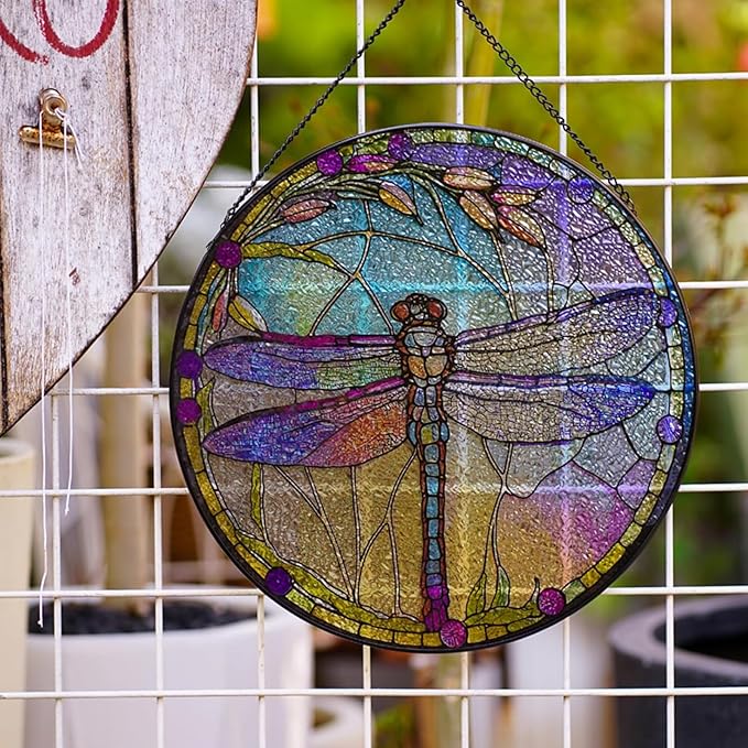 Dragonfly Stained Glass Suncatcher Artistic Window Hanging,7.8” Hand-Painted Glass Panel Wall Home Decor,Gift for Women Garden Decor Suncatcher (Dragonfly), BL009