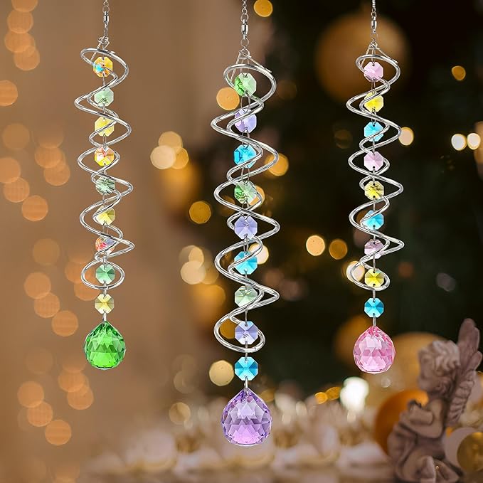 H&D HYALINE & DORA Set of 3 Crystal Sun Catcher for Window Hanging Double-Spiral Gazing Ball Spiral Tail Rainbow Maker Wind Spinners Outdoor for Garden, Patio, Porch, Christmas
