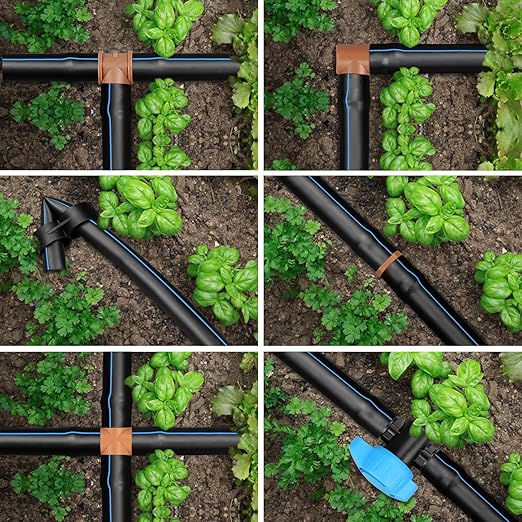 JAYEE 34 Pieces Drip Irrigation Fittings Kit (17mm) for 1/2" Tubing (.600" ID), 10 Couplings, 8 Tees, 2 Cross, 2 Valve, 6 Elbows and 6 Tubing End Closure - Barded Connectors for Sprinkler Systems