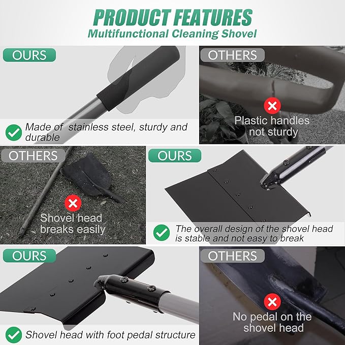 Suchtale Multifunctional Garden Cleaning Shovel, Heavy Duty Steel Flat Shovel with 54" Adjustable Handle, Gardening Scraper Shovel, Outdoor Spade Tool for Weeding, Lawn Edging, Digging, Ice Removal