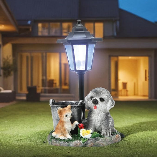 Solar Garden Outdoor Decor Statues Cat and Dog Playing Insect with Light,Outside-Outdoor Decorations Sculptures for Patio Yard Lawn Walkway Ornaments Clearance Gifts for Mom Grandma Birthday