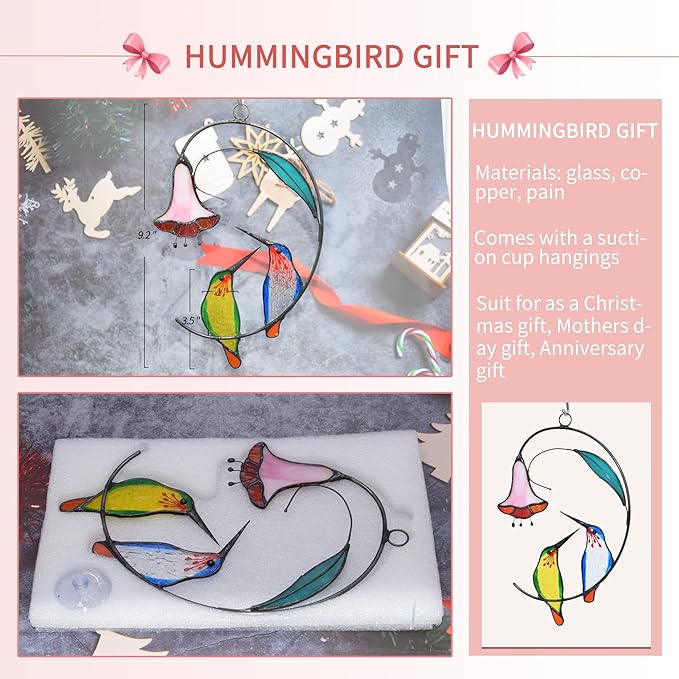 Lolitarcrafts Hummingbird with Flower Stained Glass Suncatcher Bird Stained Glass Window Hangings Hummingbird Gift for Home Decor (Green and Blue)