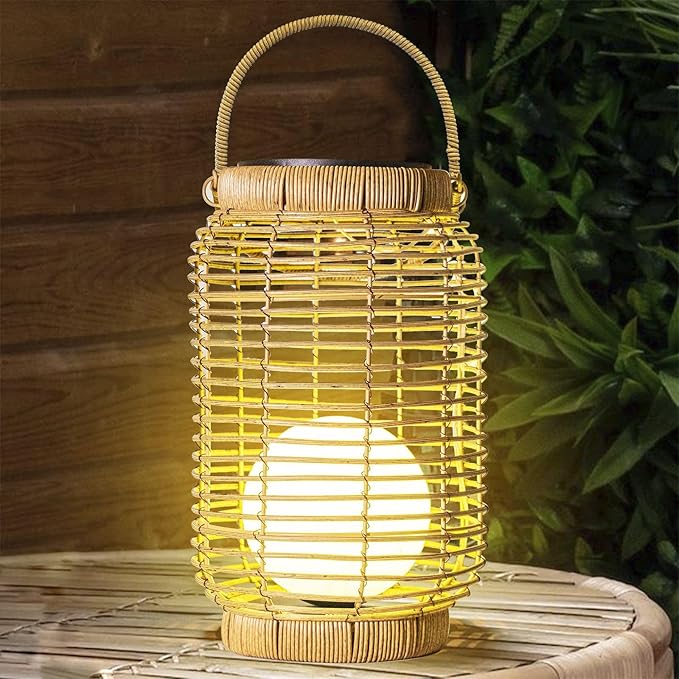 Solar Lantern Outdoor Waterproof，Large Natura Rattan Solar Lantern Hanging with Handle, Solar Powered Decorative Table Lamp for Gardens ，Patio,Yard,Porch,Trees,Lawn,Pathway Home Decoration，12Inch