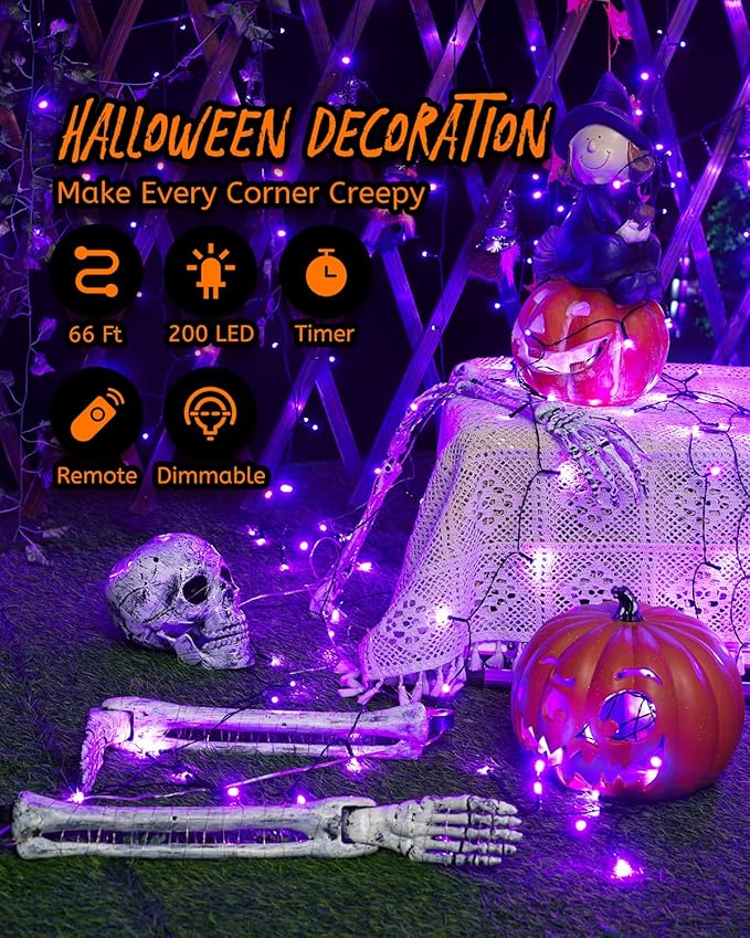 Minetom 196FT Purple Halloween Lights, 600 LED Halloween Fairy String Lights with 8 Modes Remote, Waterproof Plug in Purple Hanging Twinkle Lights for Party Garden Bedroom Halloween Decorations