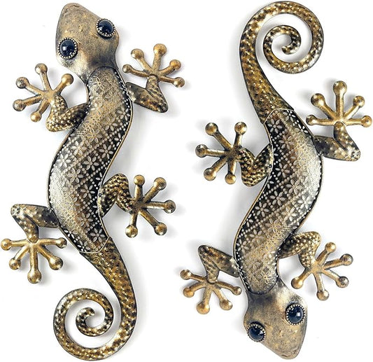 LIFFY Gecko Metal Wall Art Decor 2 Pack 15 Inch - Indoor & Outdoor Lizard Wall Art Hanging Sculpture for Home and Garden