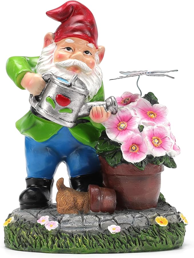 Gnome Figurine Garden Decor, Solar Resin Gnomes Outdoor Statue, Funny Gnome Gift Sculpture Decoration for Home Patio Yard Lawn Porch Ornament