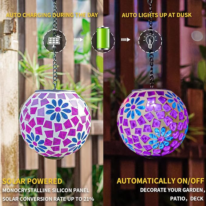 VCUTEKA Hanging Solar Lights Outdoor - Solar Powered Waterproof Landscape Lanterns with Mosaic Design for Patio, Yard, Garden and Pathway Decoration