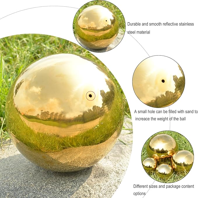 Nerien Gazing Ball, Stainless Steel Garden Mirror Globe, Polished Ornament Sphere, Hollow Floating Reflective Hemisphere, for Home Outdoor Pond Housewarming Swimming Pool Decoration, Gold, 8Pcs