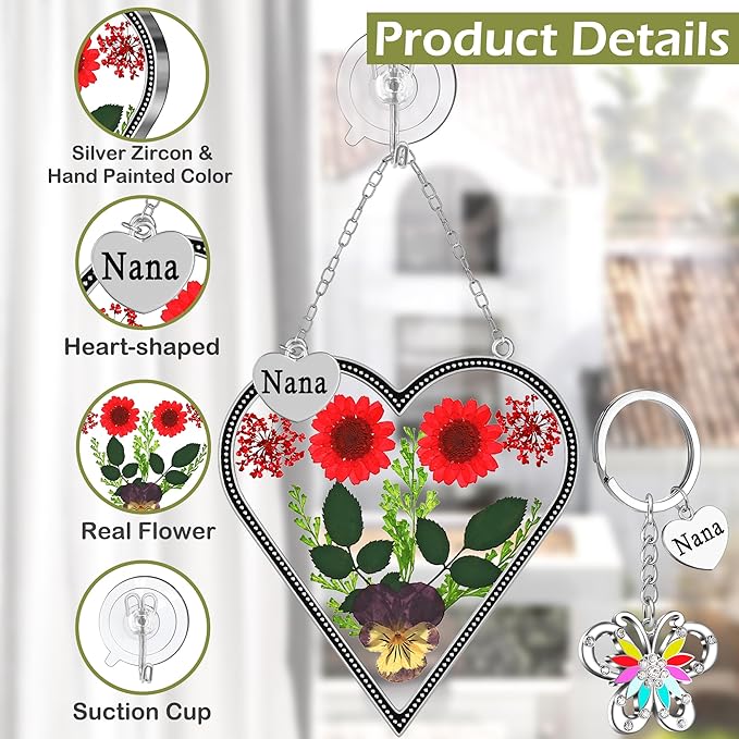 KY&BOSAM Heart Suncatcher Nana Gift for Nana Stain Glass Wind Chime for Window Pressed Flower Between Heart Glass Metal Engraved Charm Gift for Mother's Day Valentine's Birthday Thanksgiving Christmas