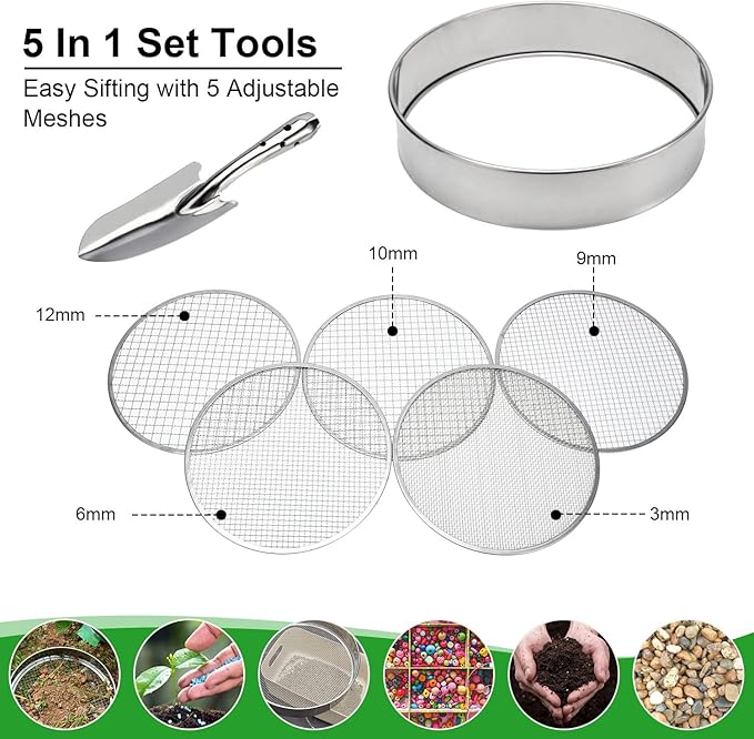 Soil Sieve Garden Potting Riddle Sieve Stainless Steel Soil Sieve Set, With 5 Interchangeable Filter Mesh Sizes 3,6,9,10,12mm and Bonus Spade