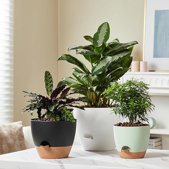 FaithLand 3-Pack Planter Pots, 10 9 8 Inch Self Watering Flower Pots for Indoor Outdoor Garden Plants, Green with Brown