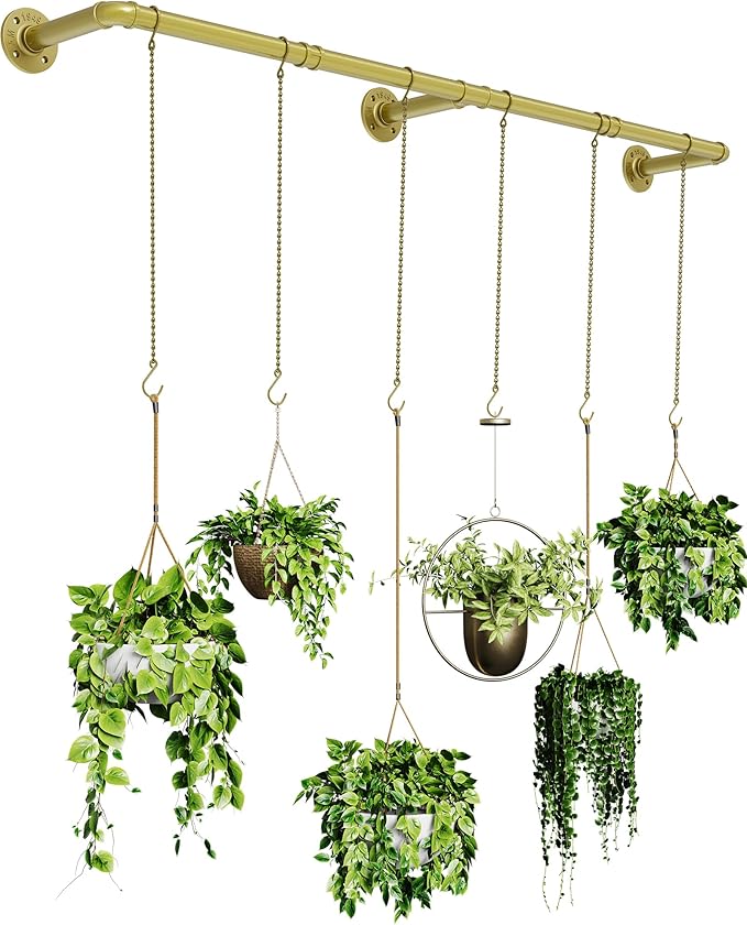 Plant Hanger Indoor, Hanging Planters for Indoor Plants with 6 Hanging Chains, Wall Plant Hanging Rod for Window Ceiling, 65 Inch, Metal/Golden…