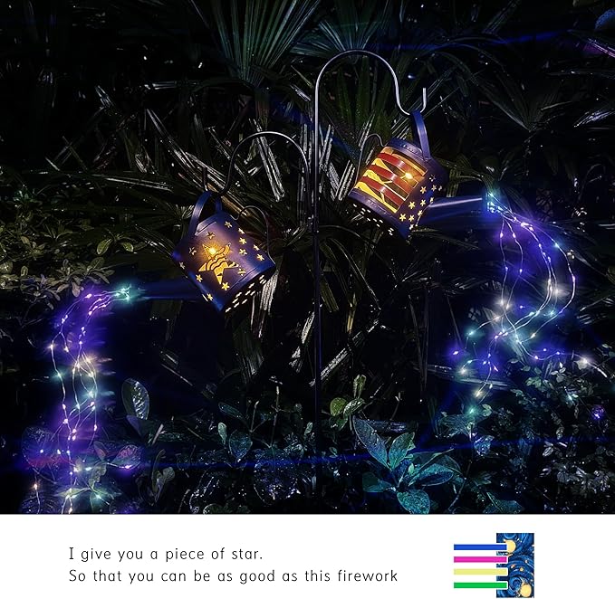 Solar Watering Can with Colorful Lighting, Waterproof Garden Decor, Birthday Gifts for Mom Grandma (Flag, 32 inch Shepherd Hook)