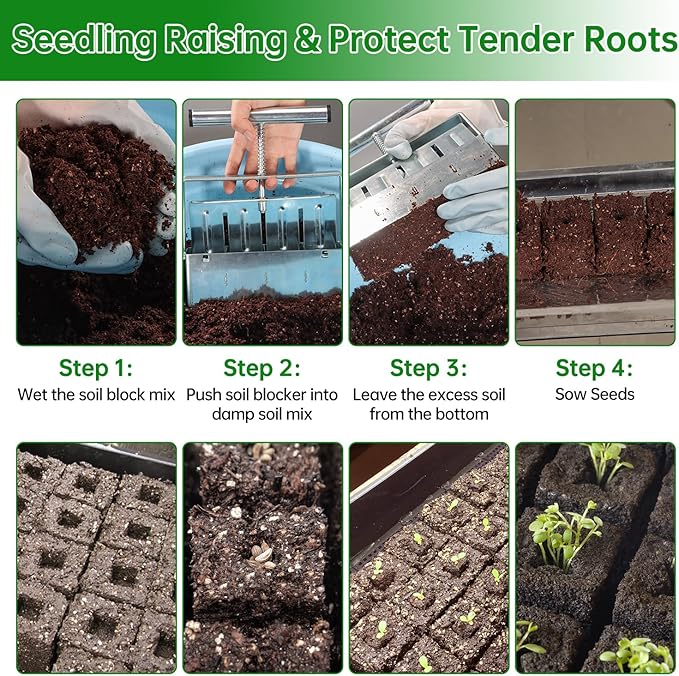 Soil Blocker, 8 Cell Soil Block Maker 2 Inch with 3 Sizes Seed Pins, 2024 Seed Handheld Block Maker with Comfortable Handle, Garden Blocking Tools for Seedings, Cuttings, Greenhouses