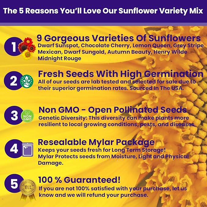 NatureZ Edge 5200+ Sunflower Seeds for Planting Bulk Variety Pack, Get More Sunflower Seeds to Plant, from Dwarf Sunflowers to Giant Sunflower Seeds, Includes Mammoth Sunflower Seeds, Non-GMO