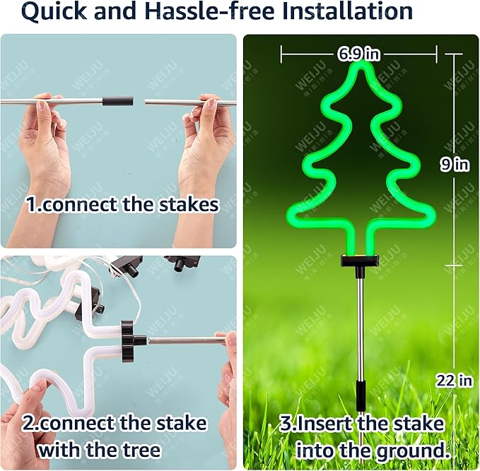 BlcTec Christmas Decorations Outdoor, 4PCS Neon Christmas Tree Shape Lights with Stainless Steel Stakes, 4 Xmas Tree Garden Lights with Waterproof for Garden Patio Yard Lawn Décor, Green