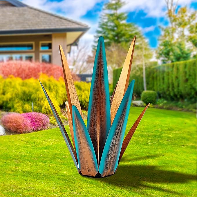 Large Tequila Rustic Sculpture, Metal Agave Plants for Outdoor Patio, Home Decor Hand Painted Garden Statue, Lawn Ornaments Yard Stakes (Blue - M)