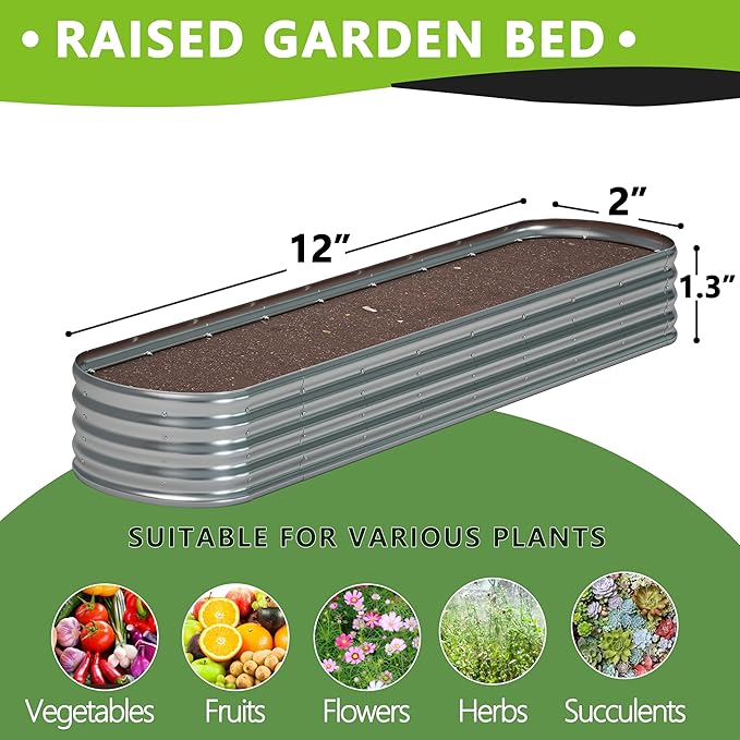 12x2x1.3 Oval Galvanized Raised Garden Bed,Outdoor Planter Box Metal Patio Kit Planting Bed for Vegetables Flowers and Succulents
