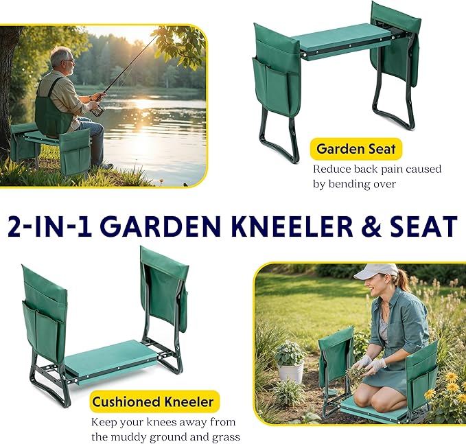 iPower Garden Kneeler and Seat Foldable Kneeling Bench with Sturdy Soft EVA Foam Pad for Outdoor, Fishing, Camping, 2 Tool Pouches Included, Green
