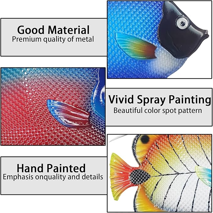 John's Studio Metal Fish Sea Wall Decor Outdoor Garden Hanging Art Sculptures Home Ocean Theme Decorations for Kitchen Bathroom and Pool - 3 PCS
