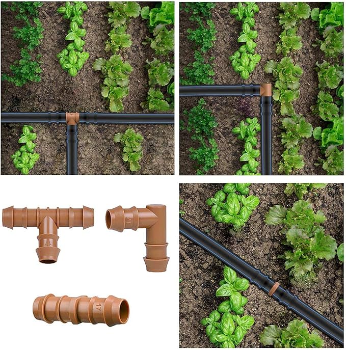 Drip Irrigation Fittings Kit for 1/2" Tubing, 18 Pieces Set Barbed Connectors - 6 Tees, 6 Couplings, 6 Elbows - Drip Line Parts (17mm .600" ID) Half Inch for Garden Sprinkler Systems