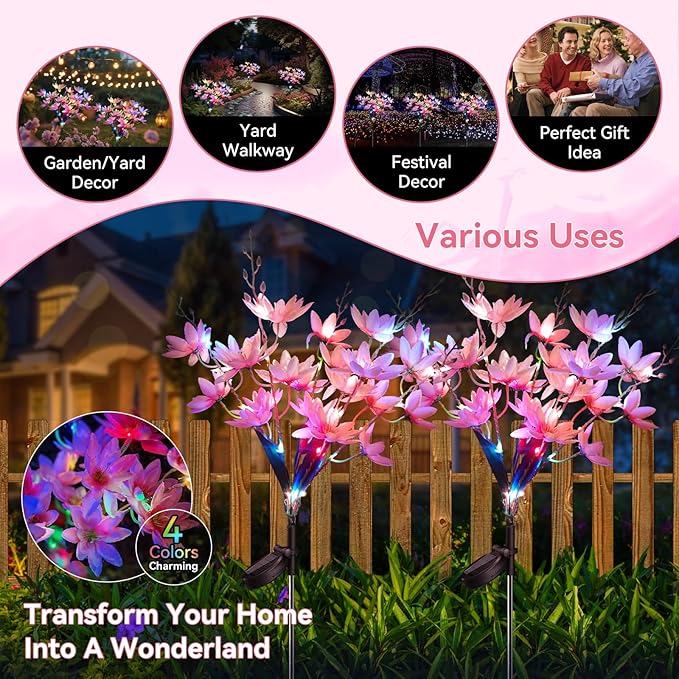 Neporal Solar Flowers Outdoor Waterproof IP65, 5-Head Snow Lotus with 20+ Flowers, 4-Color Light & 2 Lighting Modes, Decorative Solar Lights Outdoor Garden, Yard, Pathway, Flower Bed (4-Pack, Pink)